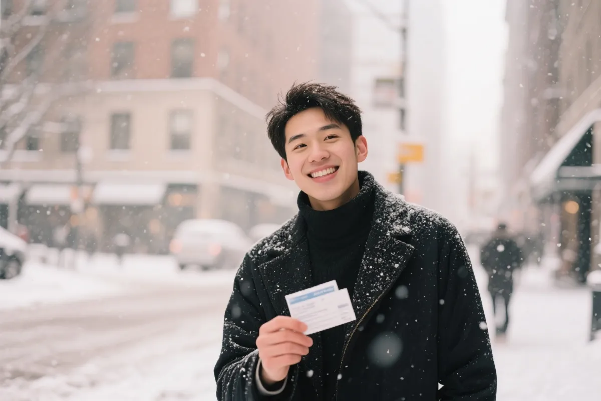 雪天里年轻人手持票据露出克制的微笑，准备迎接新的生活